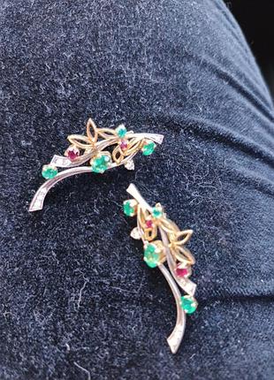 Сережки, золото, 750 проби, діаманти, рубини, смарагди