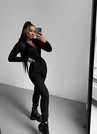 Женский замшевый комбинезон черный ромпер замш на дайвинге