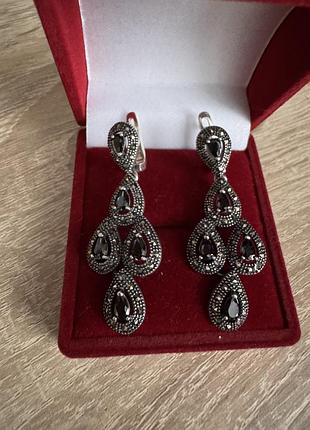 Сережки срібні 925 проби, онікс, марказити, серьги серебро