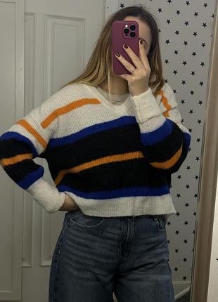 Базовий теплий оригінальний светр,жіночий осінній стильний светрик в полоску,полосатий вільний,джемпер,вовняний,шерстяний,gestuz,біла тепла кофта