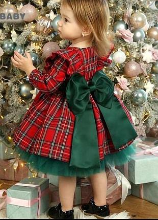 Детское новогоднее платье в клетку зеленый бант фатин красный зеленый цвет для самых маленьких девочек невероятная модель