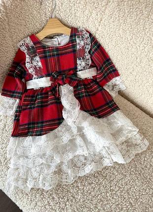 Новогоднее детское платье для девочки красный с белым цветом в клетку кружевое кружево невероятная модель