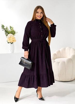 Платье длинное платье с поясом вельвет баклажан батал 50-56 гг