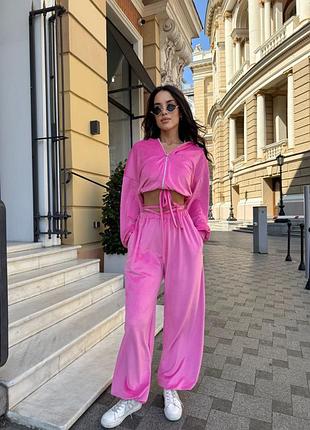 Спортивный костюм женский розовый с капюшоном оверсайз осенний весенний летний велюровый