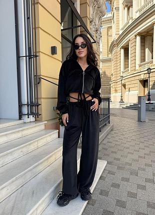 Спортивный костюм женский черный с капюшоном оверсайз осенний весенний летний велюровый
