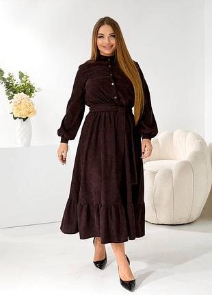 Платье длинное платье с поясом вельвет коричневый шоколад батал 50-56 гг