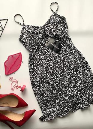 👗чёрное платье миди в горох с рюшами/новое платье в горошек/летнее платье с декольте👗