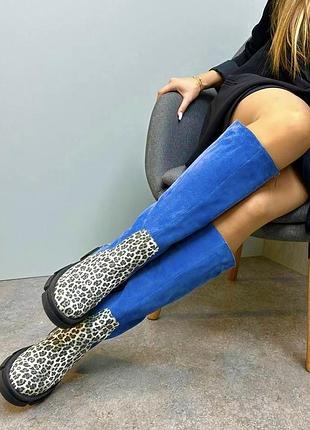 Комбіновані сині чоботи alfa леопард натуральний замш зима демі
