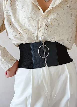 Корсет пояс екошкіра чорний зі змійкою та кільцем y2k gothic office siren еластичний пояс на талію 1421