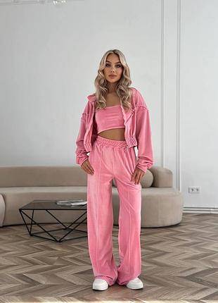 Розовый плюшевый велюровый костюм тройка женский спортивный костюм 3 в 1 из велюра