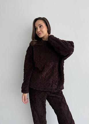 Теплая махровая пижама с узором с кофтой и брюками с манжетами на резинке домашний костюм