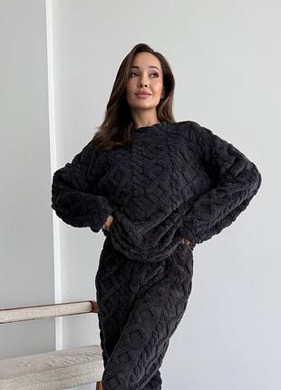 Теплая махровая пижама с узором с кофтой и брюками с манжетами на резинке домашний костюм