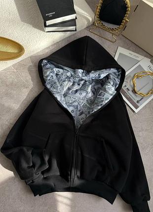 Женский укороченный худи оверсайз на флисе на молнии с капюшоном с карманами на подкладке рюкзака теплый черный на осень зиму