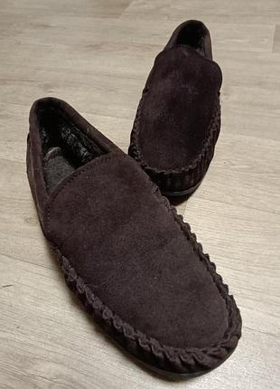 Теплые мужские замшевые мокасины тапочки на меху эко замша