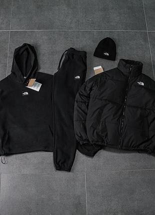 Костюм з мікрофліс пулар + куртка пуховик tnf + шапка