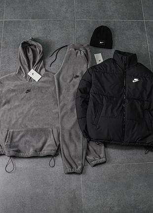 Костюм з мікрофліс пулар + куртка пуховик nike + шапка