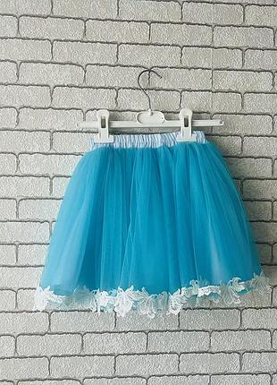 Юбка дитяча нарядна , блакитна , яскрава з аплікацією