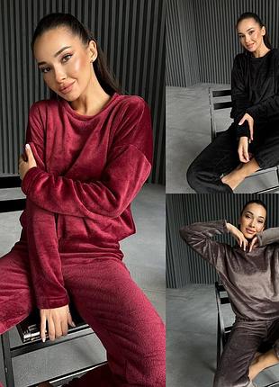 Женская махровая теплая пижама костюм махра кофта штаны двойка бордовая