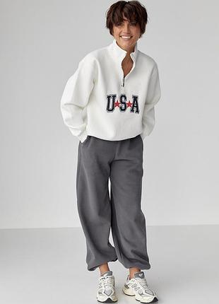 Жіночий світшот на флісі із блискавкою та вишитим написом usa