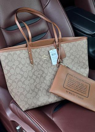 Сумка премиум 👜 coach reversible signature city tote khaki saddle (арт99061)