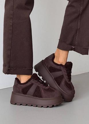 Кеды кроссовки зимние сноубутсы замшевые на повышенной подошве платформе 11197 коричневые шоколадные