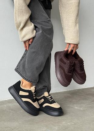 Кроссовки кеды зимние с мехом тедди замшевые коричневые шоколадные черные бежевые 11199 11200