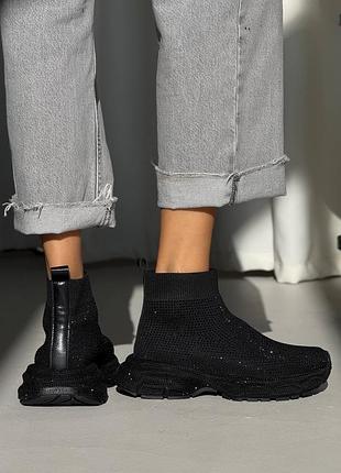 Кроссовки текстильные со стразами камешками черные 11462