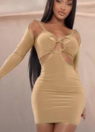 Платье мини, шоколад, трансформер, переплеты, спущенные рукава
