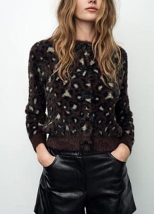 Жаккардовий кардиган із штучного хутра леопардовий zara