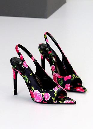 Босоніжки "rose" жіночі сатин чорний / принт 24762