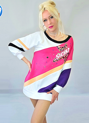 Дизайнерська туніка «сяюча зірка» oversize (подовжений світшот) колор-блок, ручна вишивка, тринитка діагональ