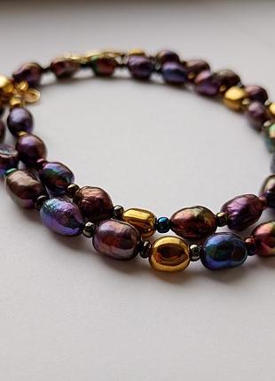 Намисто-жовтогарячі, натуральні темні річкові перли, золотистий гематит