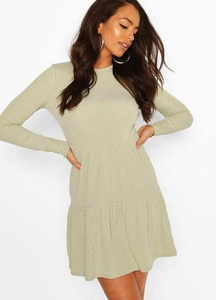 💚 платье boohoo (новое) - женское, в рубчик, с длинными рукавами | салатовый/зеленый | приталенный крой | размер m (uk 10 / 46)