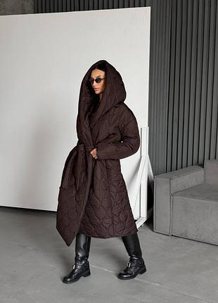 Пальто стеганное теплящее и стильное пальто до -10 градусов на запах воротник пояс капюшон