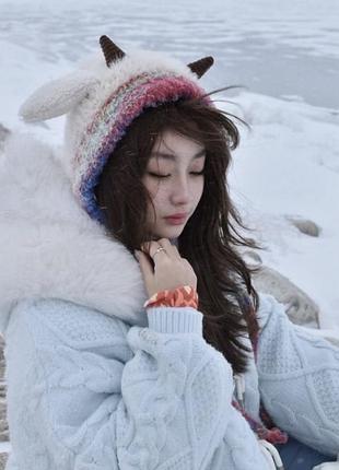 Шапка з плюш ріжками  3 кольору