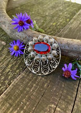 Скань! ♥️ вінтаж філігранна брошка гранатовое стекло брошь радянська з кристаллом камінцем