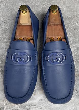 Gucci gg logo driving moccasin blue leather чоловічі мокасини туфлі шкіра оригінал 43 eur