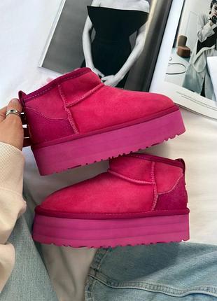 Ugg mini platform premium угги на высокой платформе замша малиновые розовые зима высокая подошва