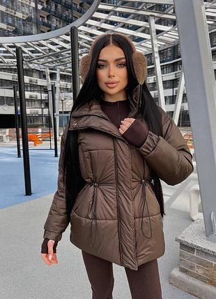 Зимова стильна тепла жіноча куртка чорного та шоколадного кольору 🤎🖤