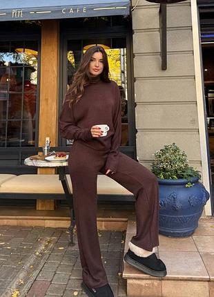 Стильный костюм оверсайз из ангоры, однотонный костюм теплый ангора турецкая, прямые брюки и гольф ангора