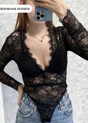 Боді чорний мереживний