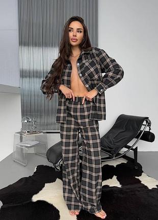Тепла жіноча піжама в клітинку натуральна фланелева домашній костюм рубашка і штани байка фланель