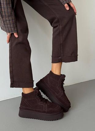 Коричневі шоколадні натуральні замшеві зимові високі кеди хайтопи на високій платформі замша зима шоколад