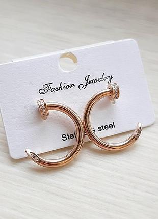 Серьги, гвоздь, полукольца, позолоченные, медсталь, позолота