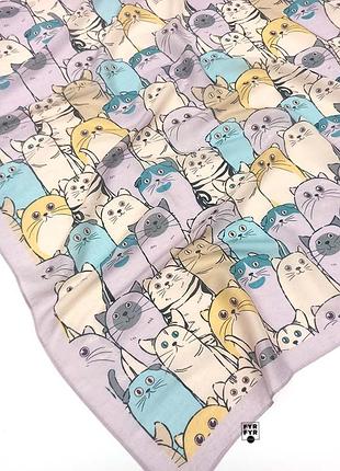 Батистовый тонкий бамбуковый платок с котами, кошками сиреневый бамбук коты, котики новый