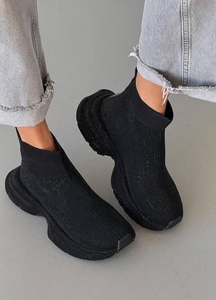 Кроссовки женские черные со стразами / черные кроссовки со стразами демисезон / демисезонные кроссовки с камушками