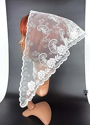 Кружевная косынка платок шарф повязка на голову в храм из фатина с вышивкой белый новый