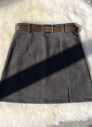 Женская классическая теплая мини юбка кашемир графит с поясом короткая кашемировая юбка