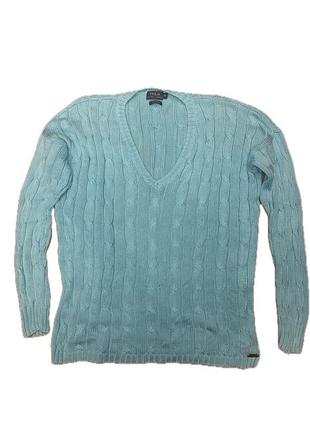 Жіночий светр polo ralph lauren бірюзового кольору, щільної в'язки з косами, розмір xs, стиль преппі-коледж