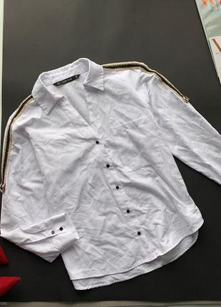 👚стильная белая рубашка с лампасами/белая свободная рубашка с декольте/рубашка в офис👚